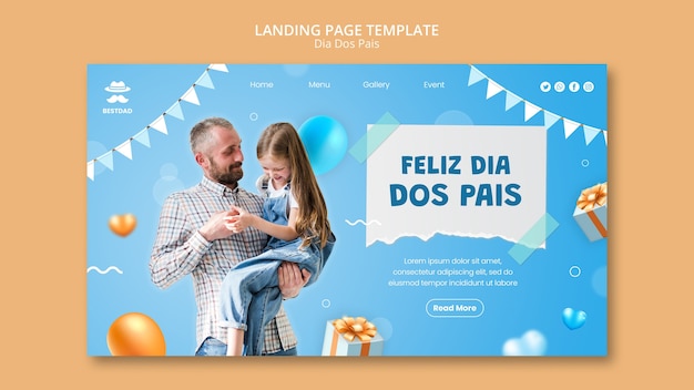 PSD gratuit modèle de page de destination dia dos pais avec des ballons et des coeurs