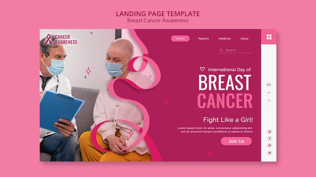 PSD gratuit modèle de page de destination du cancer du sein avec ruban rose