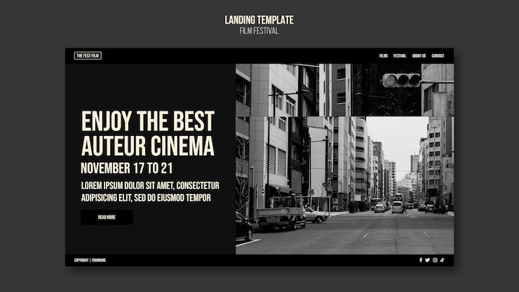 PSD gratuit modèle de page de destination du festival du film monochrome