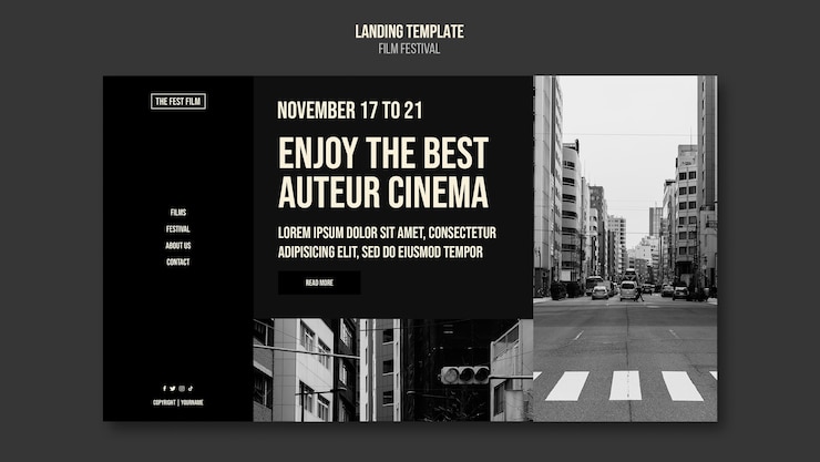 PSD gratuit modèle de page de destination du festival du film monochrome