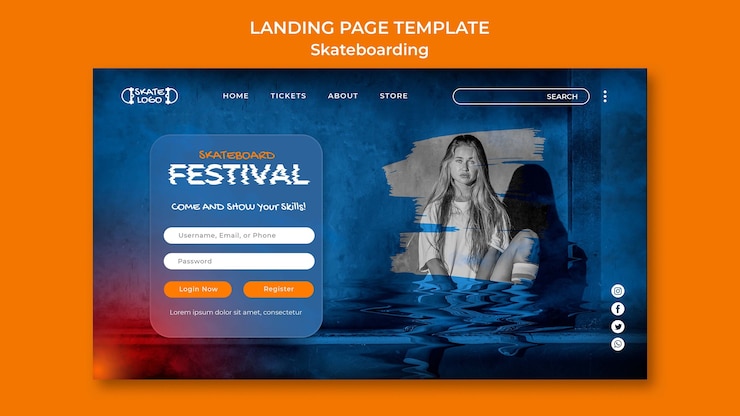 PSD gratuit modèle de page de destination du festival de skateboard