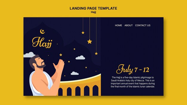 Modèle de page de destination du hajj avec la mecque et les gens qui prient