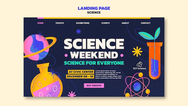 PSD gratuit modèle de page de destination d'événement scientifique dessiné à la main