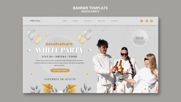 Modèle de page de destination de fête blanche avec des ballons et des feuilles