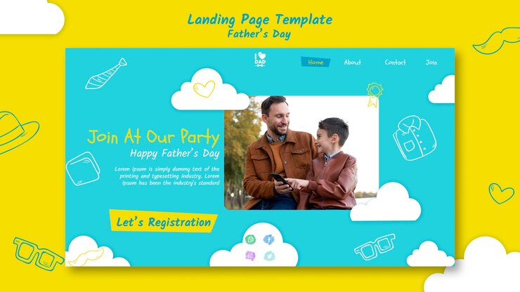 PSD gratuit modèle de page de destination de la fête des pères avec homme et fils