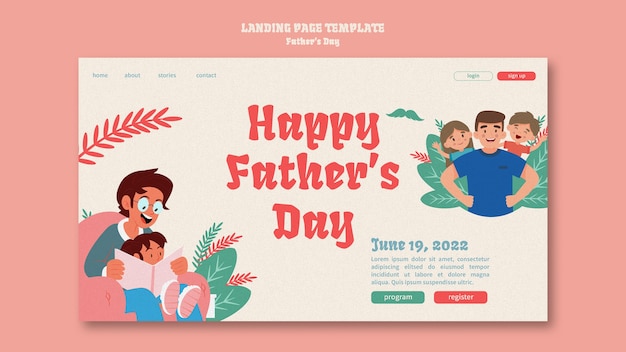 PSD gratuit modèle de page de destination de la fête des pères avec père et enfant de dessin animé