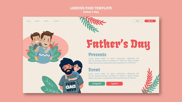 PSD gratuit modèle de page de destination de la fête des pères avec père et enfant de dessin animé