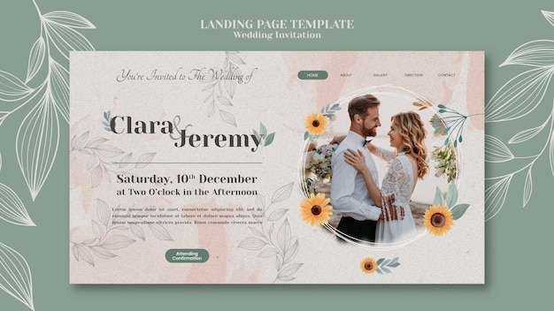 Modèle de page de destination d'invitation de mariage avec couple et fleurs