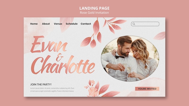 Modèle de page de destination d'invitation de mariage en or rose avec des feuilles