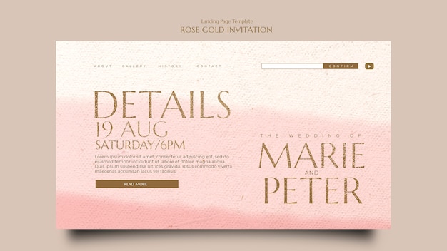 Modèle de page de destination d'invitation en or rose