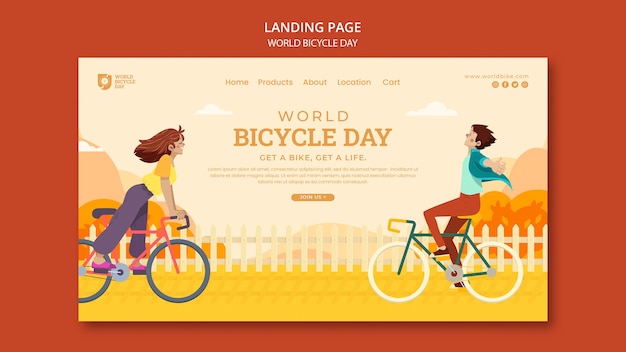 PSD gratuit modèle de page de destination de la journée mondiale du vélo design plat