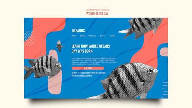 Modèle de page de destination de la journée mondiale de l'océan au design plat