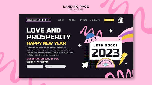 PSD gratuit modèle de page de destination nouvel an dessiné à la main