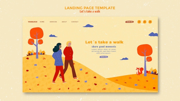 Modèle de page de destination à pied dans la nature