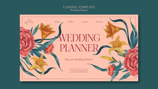 Modèle de page de destination de planificateur de mariage aquarelle