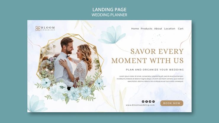 PSD gratuit modèle de page de destination de planificateur de mariage avec un design floral aquarelle