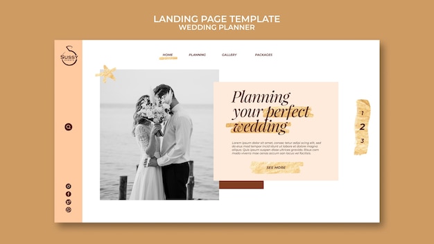 PSD gratuit modèle de page de destination de planificateur de mariage avec des marques de stylo doré