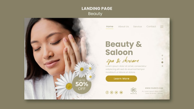 PSD gratuit modèle de page de destination pour la beauté et le spa avec des fleurs de femme et de camomille