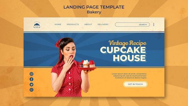 PSD gratuit modèle de page de destination pour boulangerie vintage avec femme