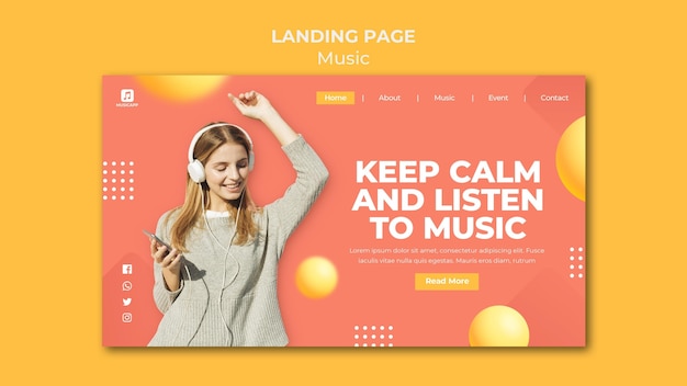 PSD gratuit modèle de page de destination pour diffuser de la musique en ligne avec une femme portant des écouteurs
