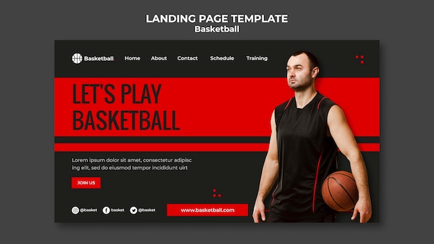 PSD gratuit modèle de page de destination pour un match de basket-ball avec un joueur masculin