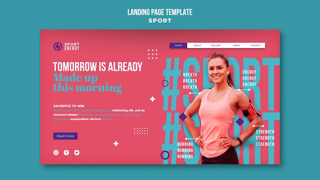 PSD gratuit modèle de page de destination pour le sport avec des citations de motivation