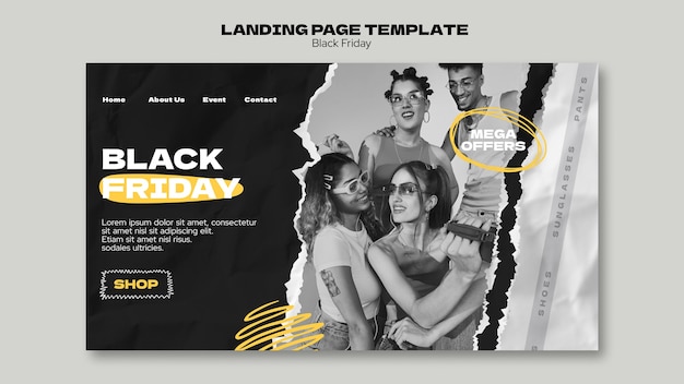 PSD gratuit modèle de page de destination pour les ventes du vendredi noir avec texture de papier déchiré