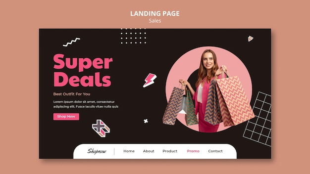 Modèle de page de destination pour les ventes avec une femme en costume rose