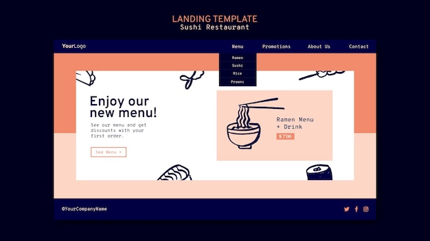 PSD gratuit modèle de page de destination de restaurant de sushi