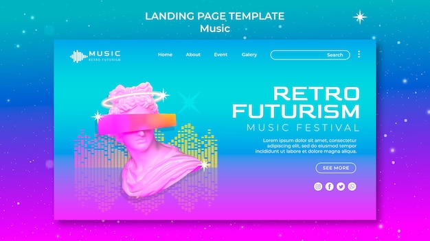 PSD gratuit modèle de page de destination rétro futuriste pour la fête de la musique