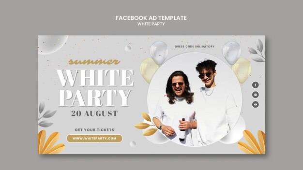 Modèle de promotion de médias sociaux de fête blanche avec des ballons et des feuilles