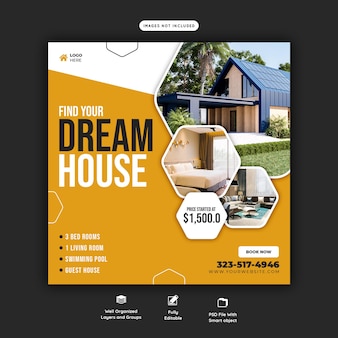 Modèle de publication instagram de propriété de maison immobilière ou de bannière de médias sociaux