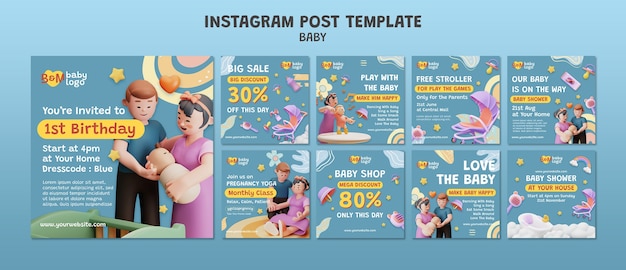 PSD gratuit modèle de publications instagram de célébration de douche de bébé