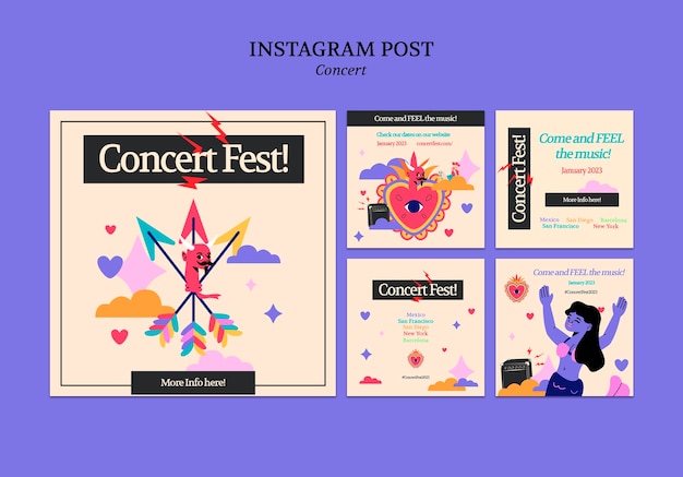 PSD gratuit modèle de publications instagram de concert de musique design plat