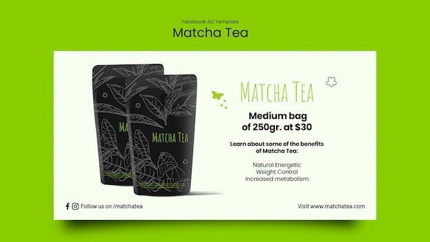 PSD gratuit un modèle de thé matcha dessiné à la main sur facebook