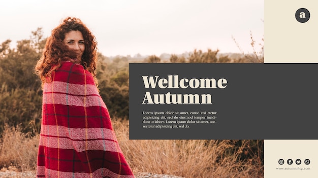 Modèle web automne Bienvenue horizontal avec femme cheveux bouclés