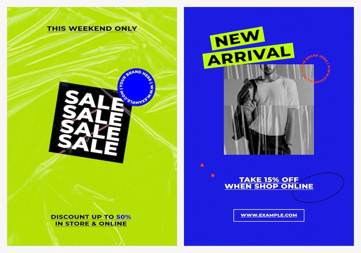 PSD gratuit modèles d'affiches de vente psd avec arrière-plans de couleur rétro pour la mode et les tendances