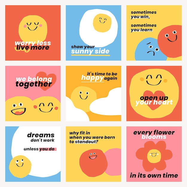 Modèles De Citations Positives Mignonnes Psd Doodle Smiley émoticônes Ensemble De Publications Sur Les Médias Sociaux