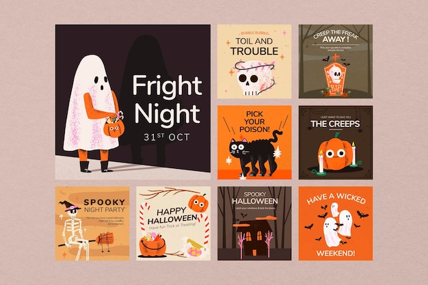 PSD gratuit modèles de publication sur les réseaux sociaux psd, ensemble d'illustrations halloween mignon