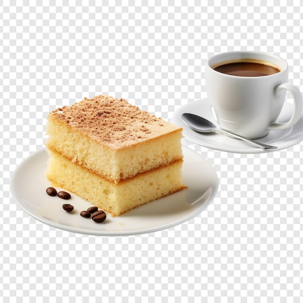 PSD gratuit un morceau de gâteau éponge avec une tasse de café isolé sur fond transparent