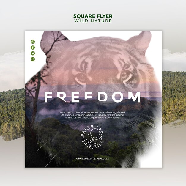 PSD gratuit nature sauvage beau portrait de tigre carré flyer