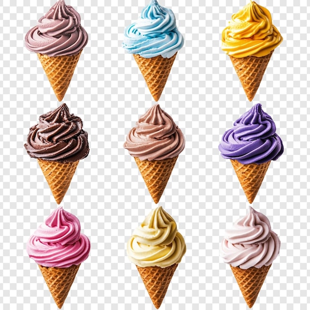 Neuf délicieux cônes de yogourt congelé de différentes couleurs