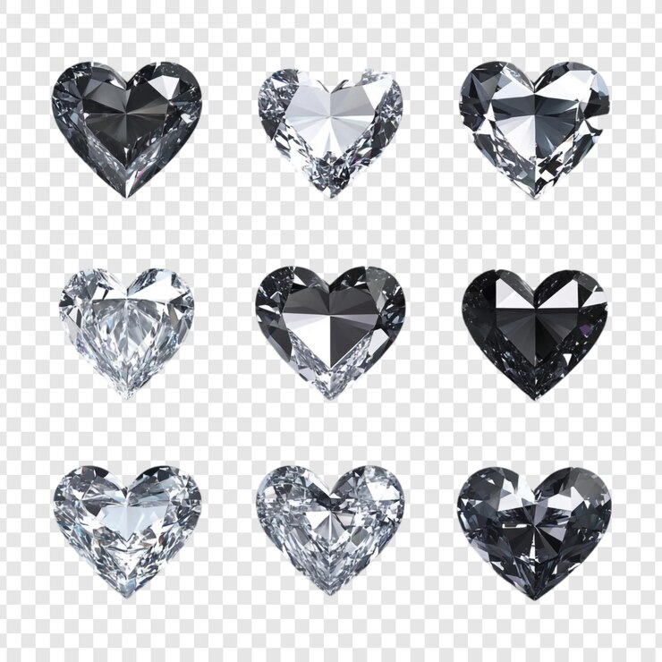 PSD gratuit neuf diamants étincelants en forme de cœur une collection de pierres précieuses noires et blanches