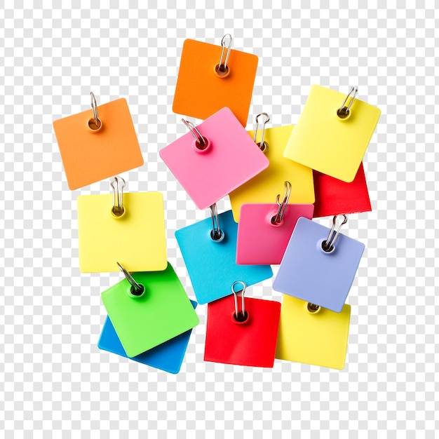 Des notes carrées colorées avec des clips de reliure Une collection vibrante de papiers blancs pour les mémoires, les rappels et l'organisation