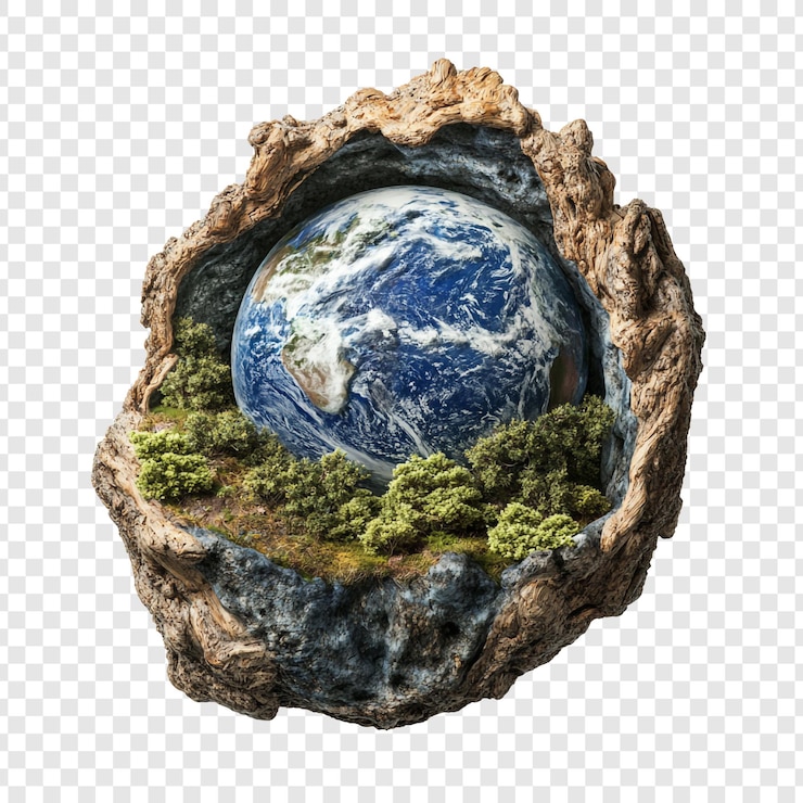 PSD gratuit notre terre fragile une œuvre d'art numérique représentant la vulnérabilité et la nécessité de préserver les planètes dans un tronc d'arbre