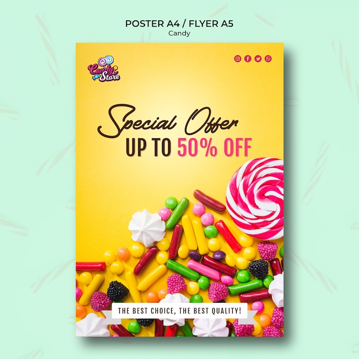 PSD gratuit offre spéciale boutique de bonbons affiche jaune
