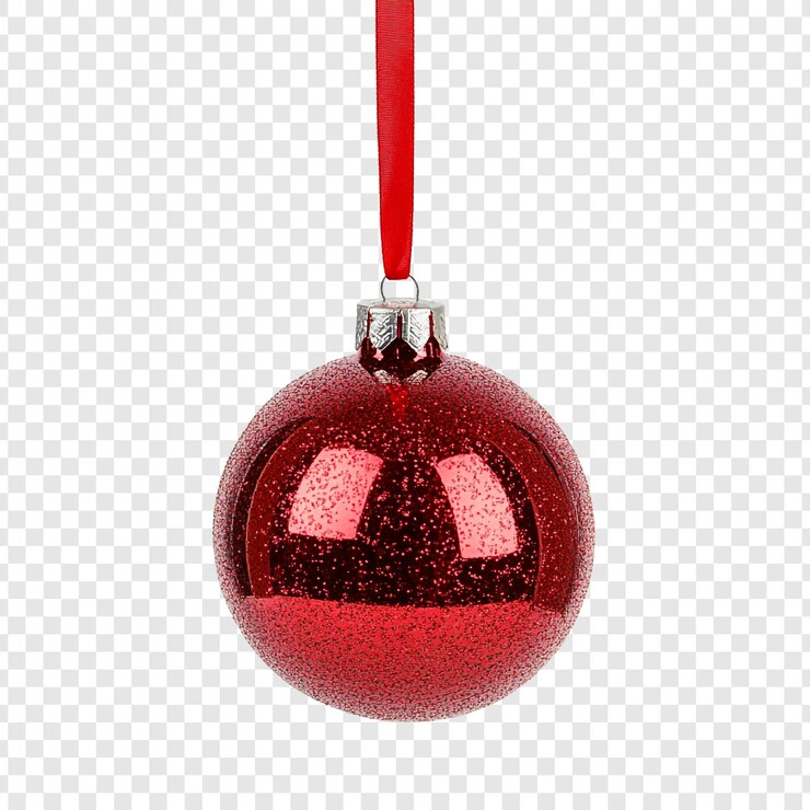 PSD gratuit un ornement de noël rouge étincelant accroché à un ruban rouge