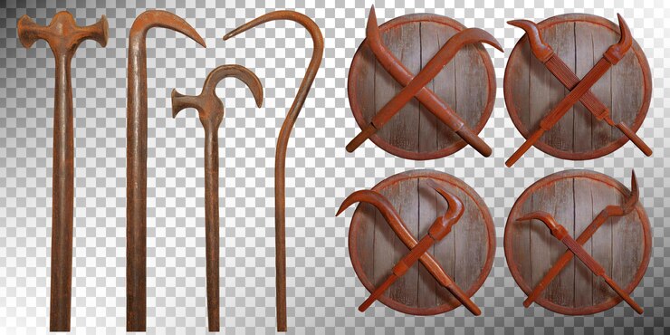 PSD gratuit outils vintage en bois et en métal avec un dessin de bouclier