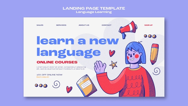 PSD gratuit page de destination d'apprentissage des langues dessinée à la main