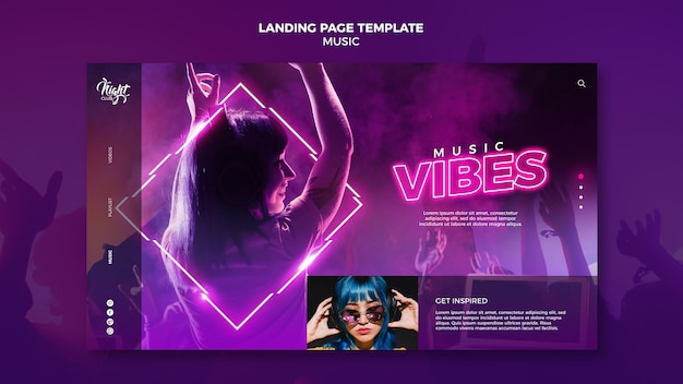Page de destination au néon pour la musique électronique avec DJ féminin